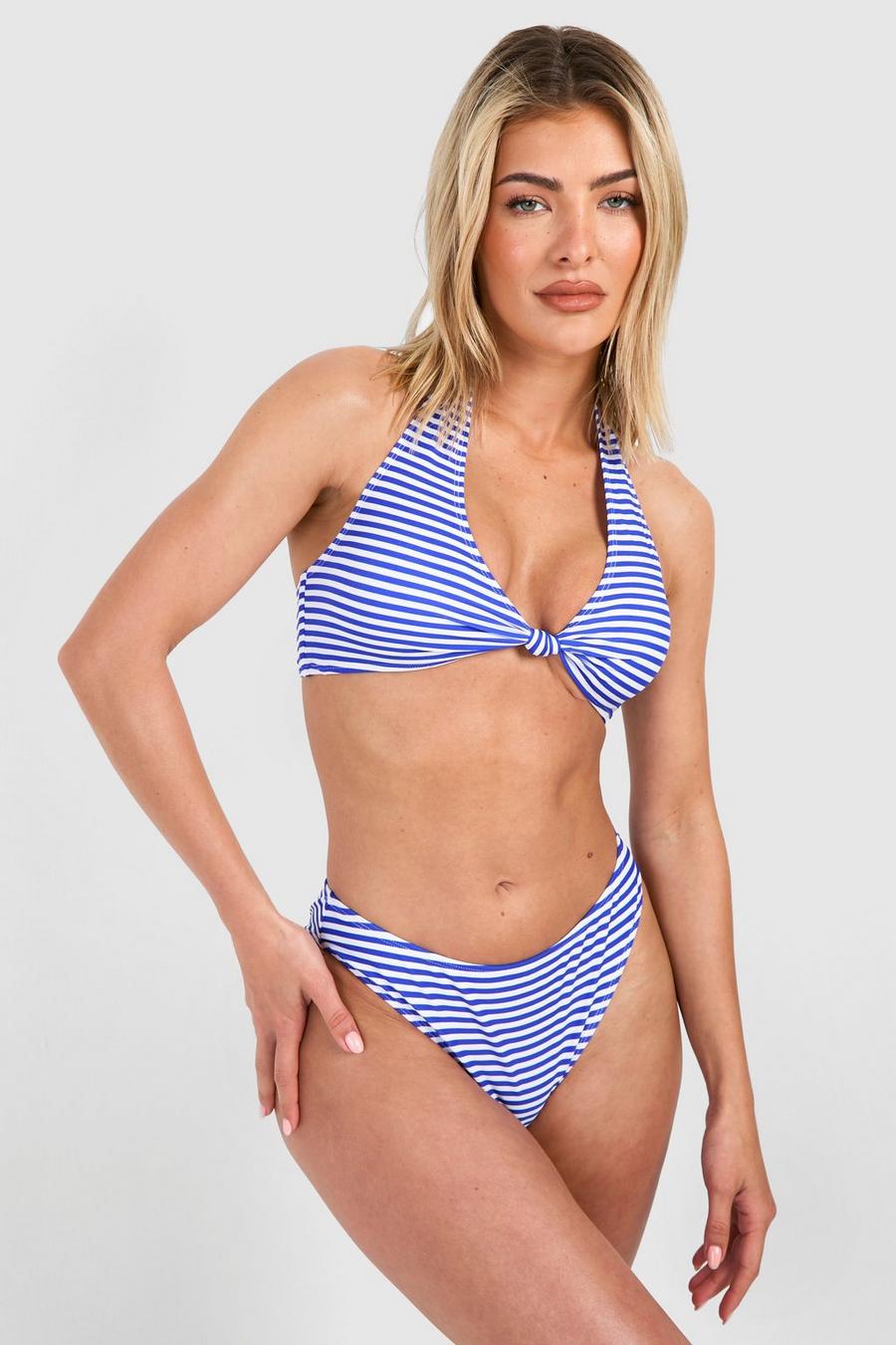 Blue Stripe Halter Padded Bikini Set image number 1