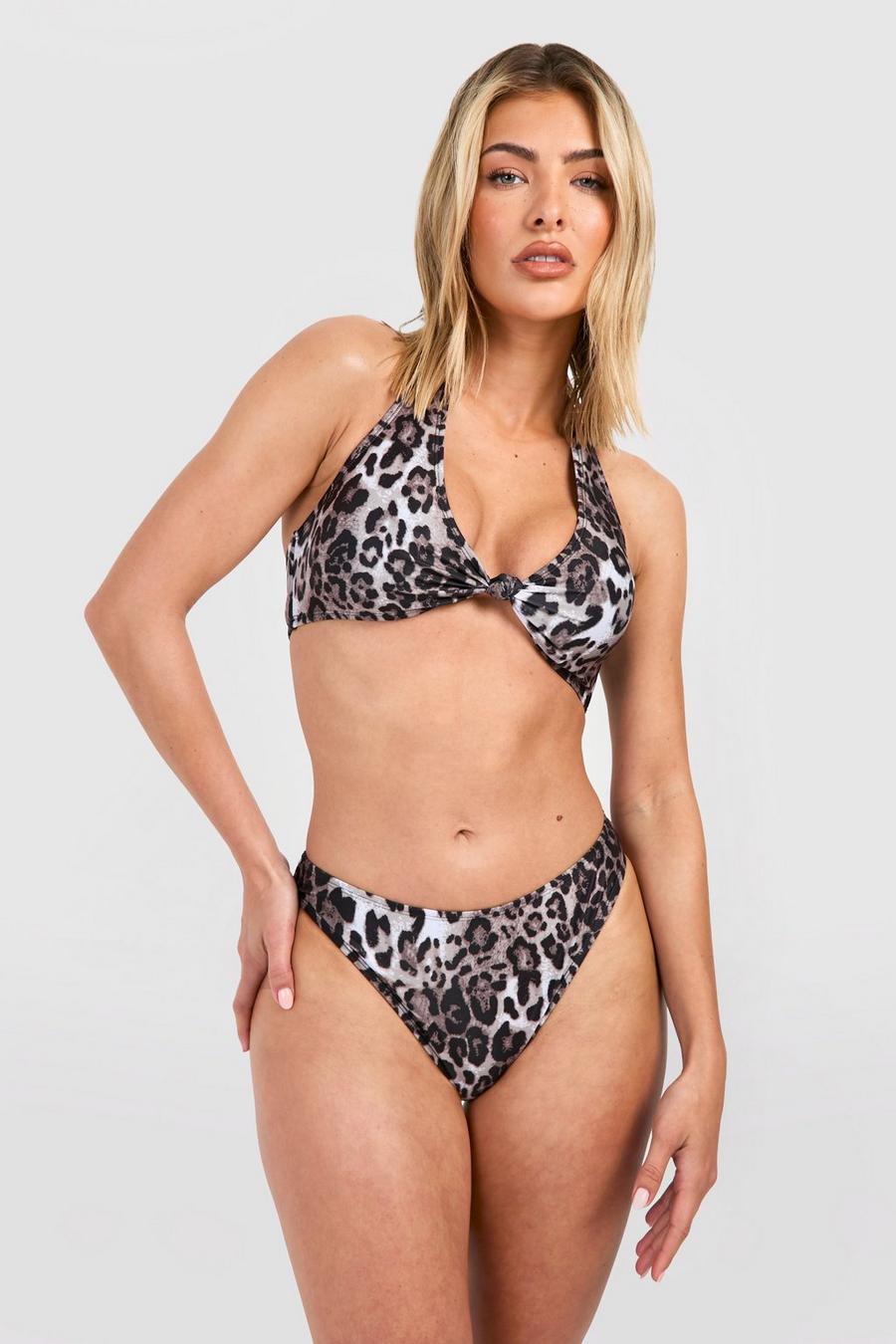Gepolsterter Leopardenprint Neckholder-Bikini, Brown