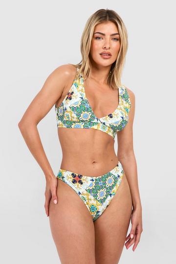 Tile Print Padded Plunge Bikini Set green