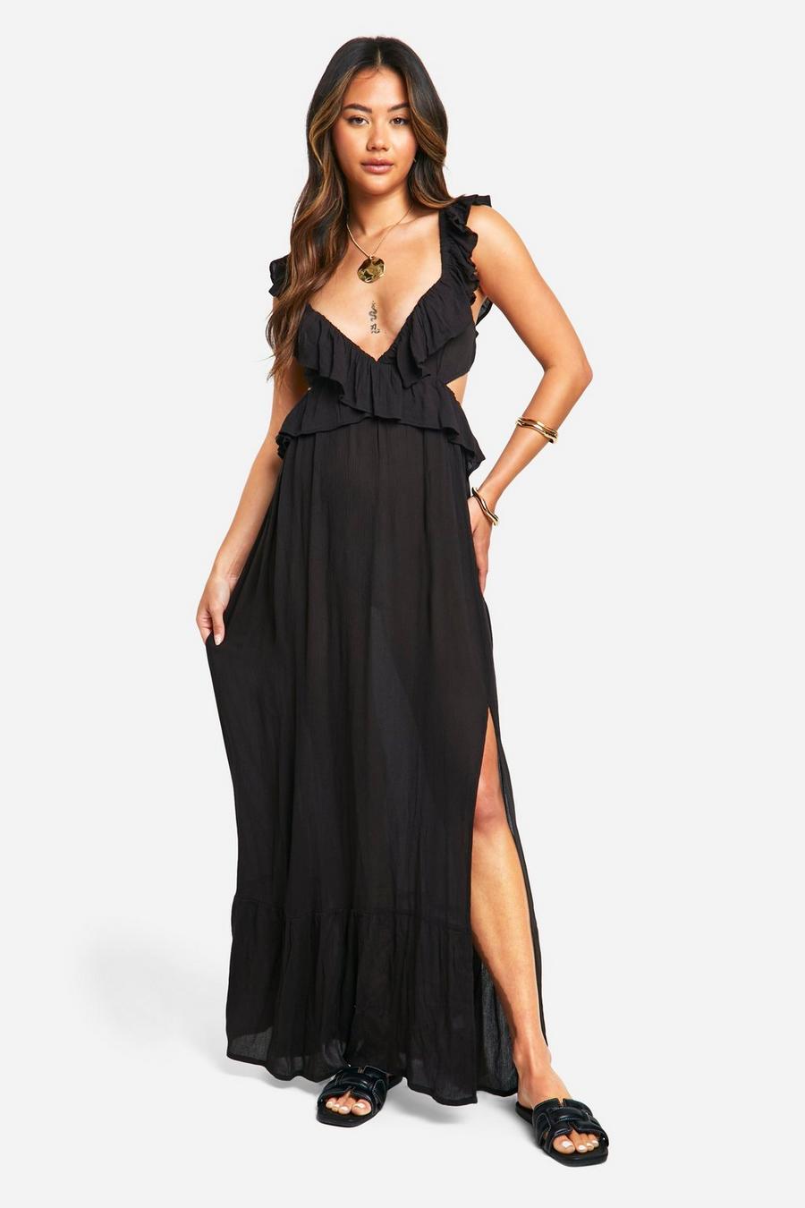 Black Cheesecloth Ruffle Plunge Maxi Dress image number 1