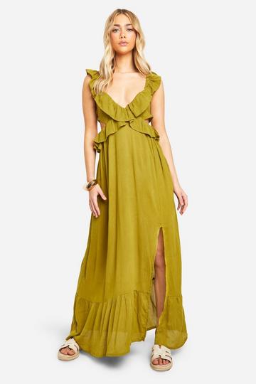 Green Cheesecloth Ruffle Plunge Maxi Dress