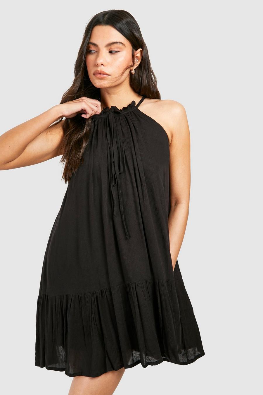 Black Cheesecloth Mini Smock Dress