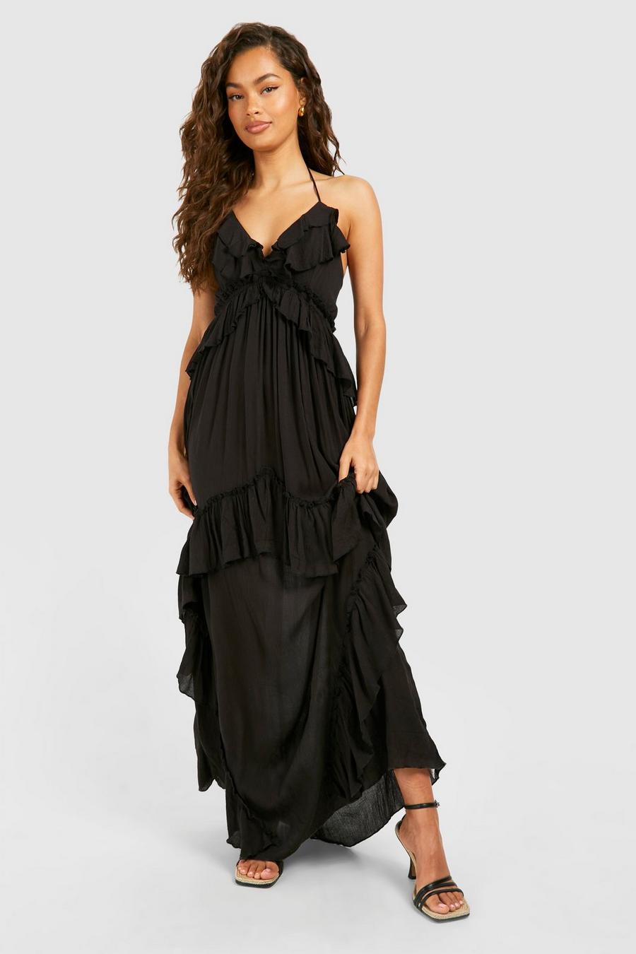 Black Cheesecloth Ruffle Smock Maxi Dress image number 1