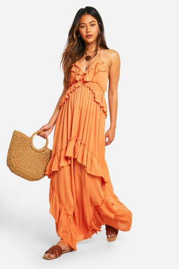 Terracotta Orange Cheesecloth Ruffle Smock Maxi Dress