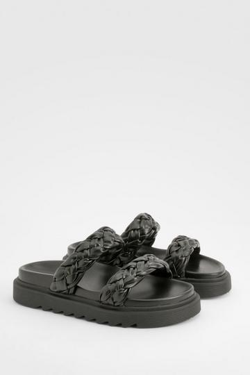 Wide Fit Plait Detail Chunky Sliders black