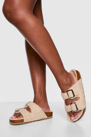 Borg Footbed Buckle Slides beige