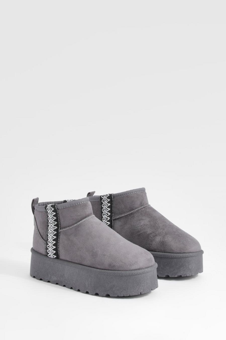 Grey Ultra Mini Embroidered Platform Cozy Boots