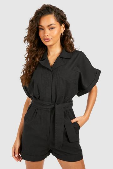 Linen Utility Belted Romper black