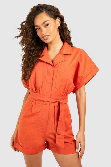 Linen Utility Belted Playsuit rust