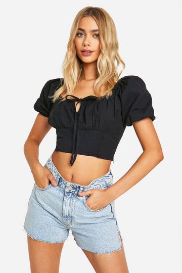 Linen Ruched Milkmaid Top black