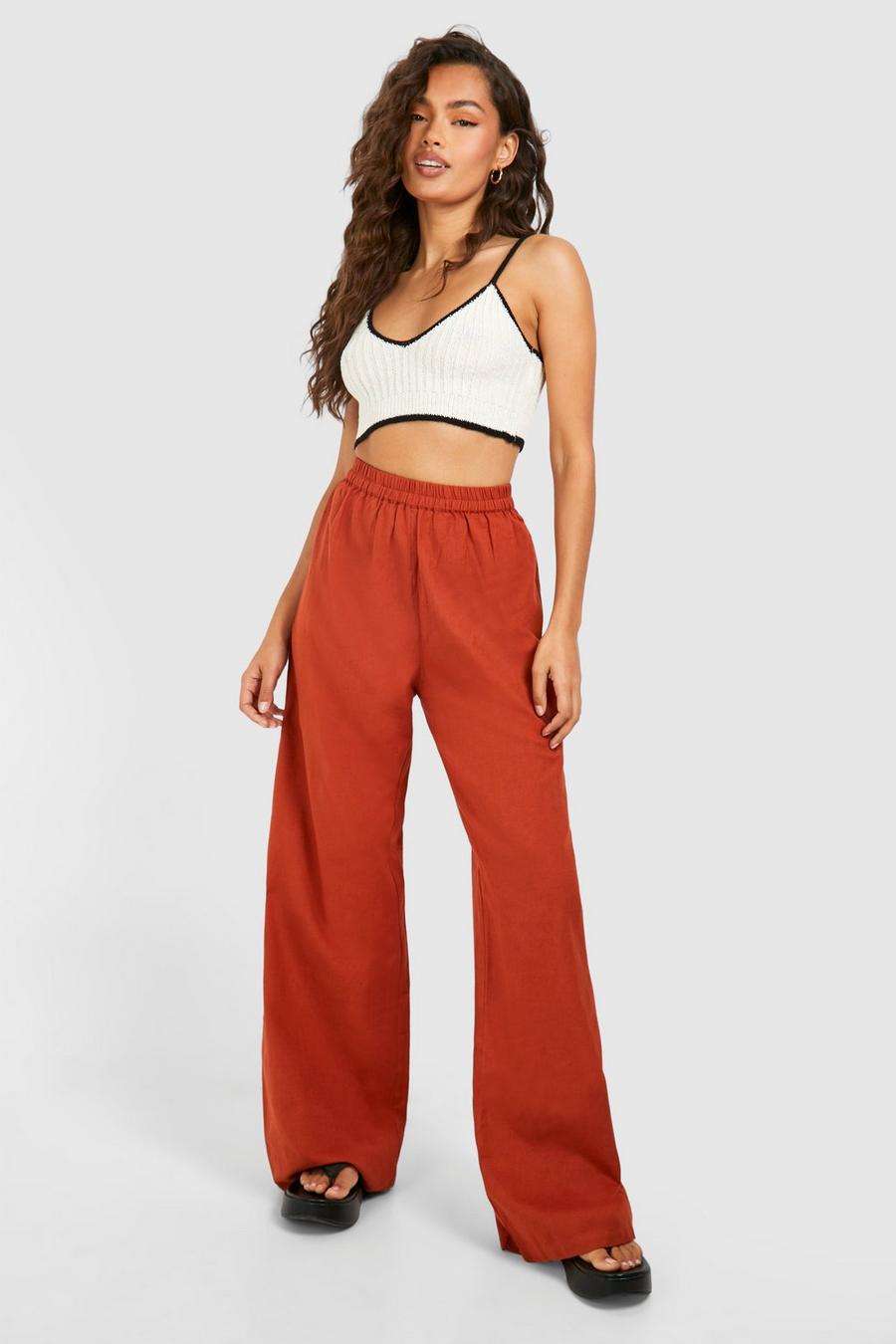 Rust Wide Leg Linen Trousers image number 1