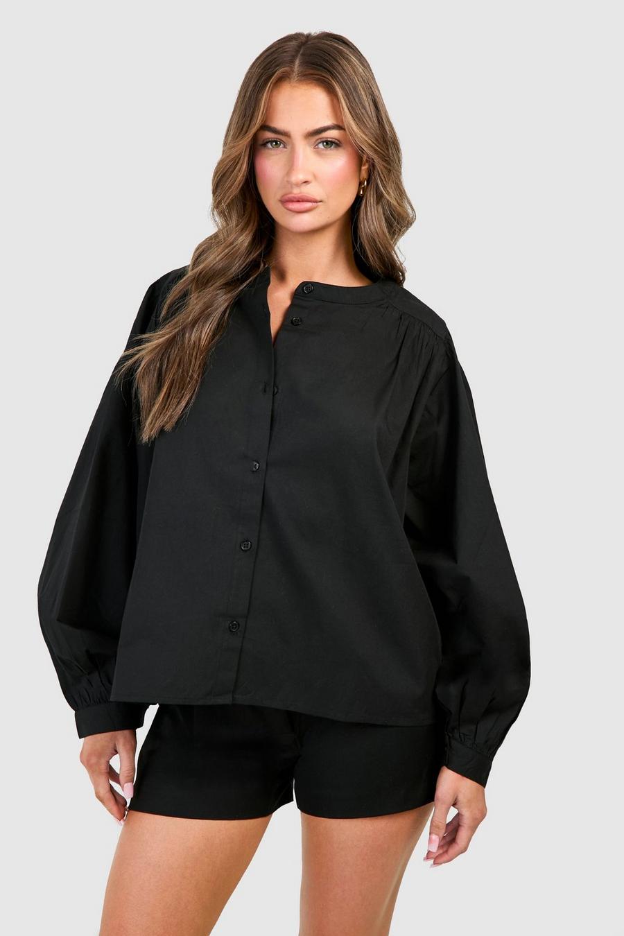 Blusa in cotone con maniche a palloncino, Black image number 1