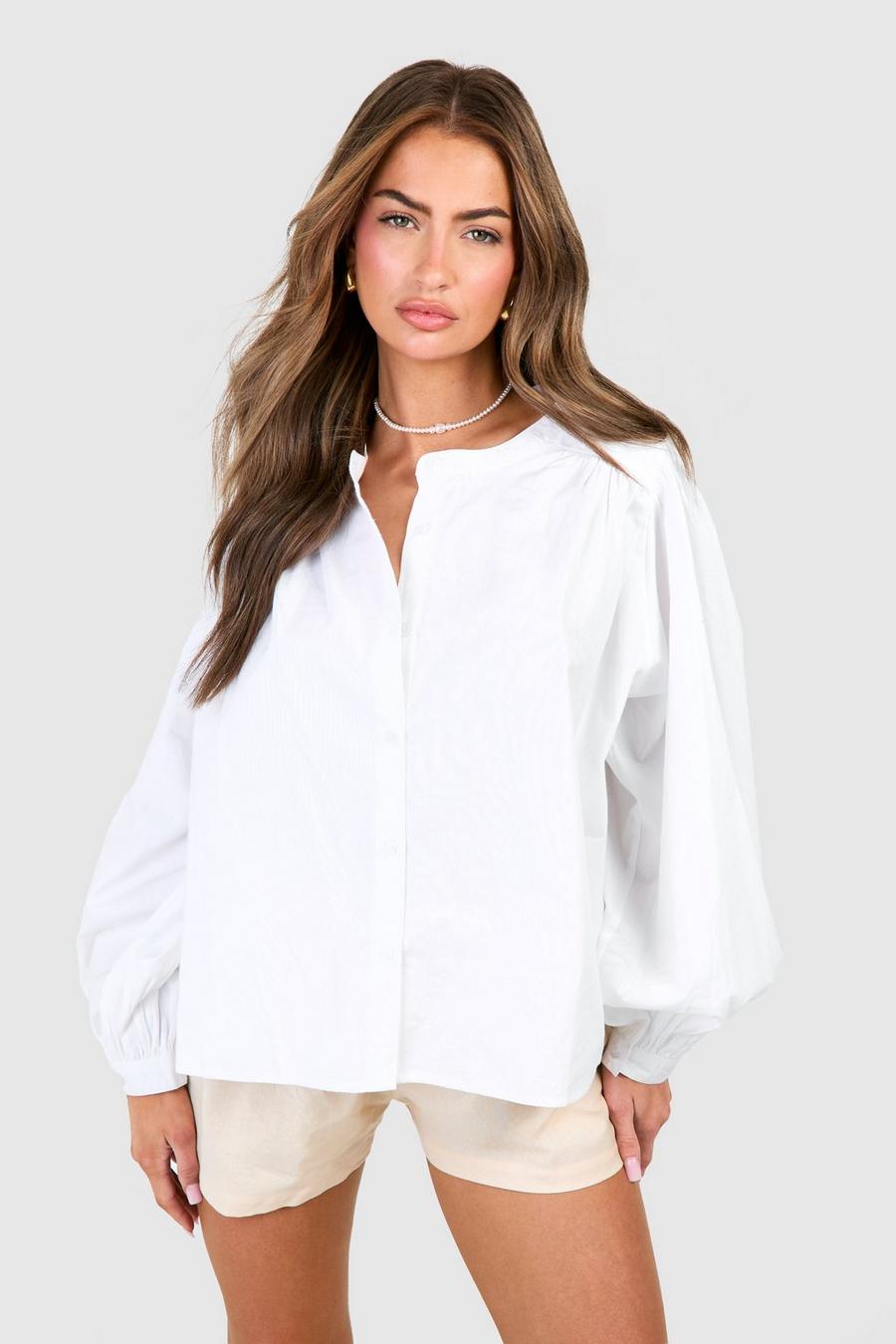 White Cotton Balloon Sleeve Blouse  image number 1