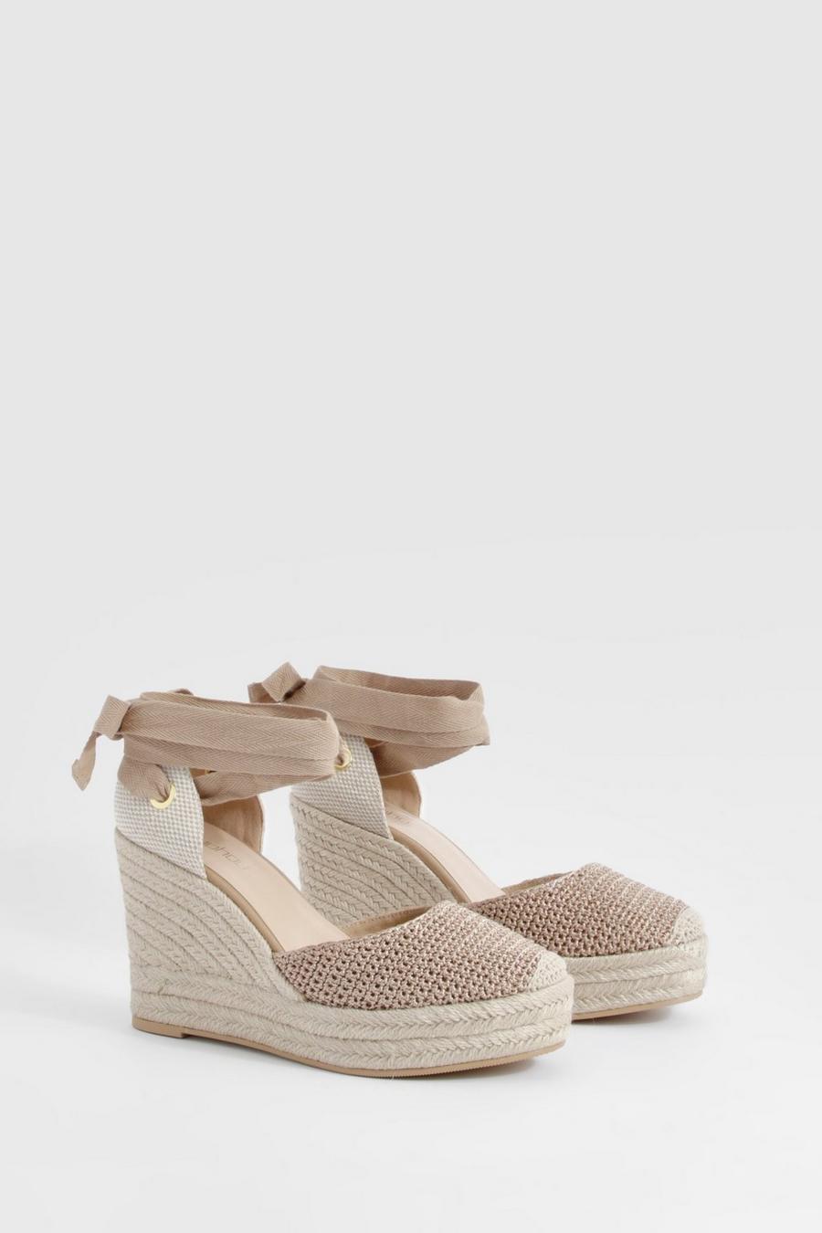 Beige Closed Toe Wrap Up Weave Detail Wedges image number 1