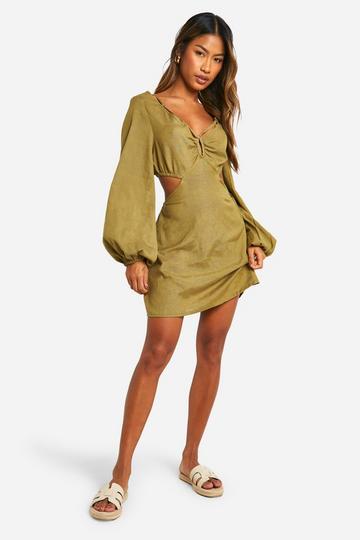 Linen Look Beaded Mini Dress khaki