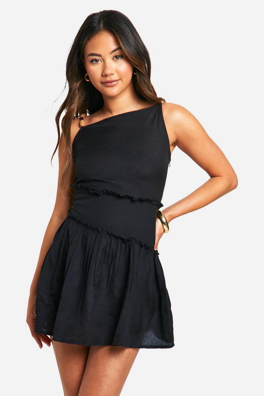 Black Linen Beaded Mini Dress image number 1