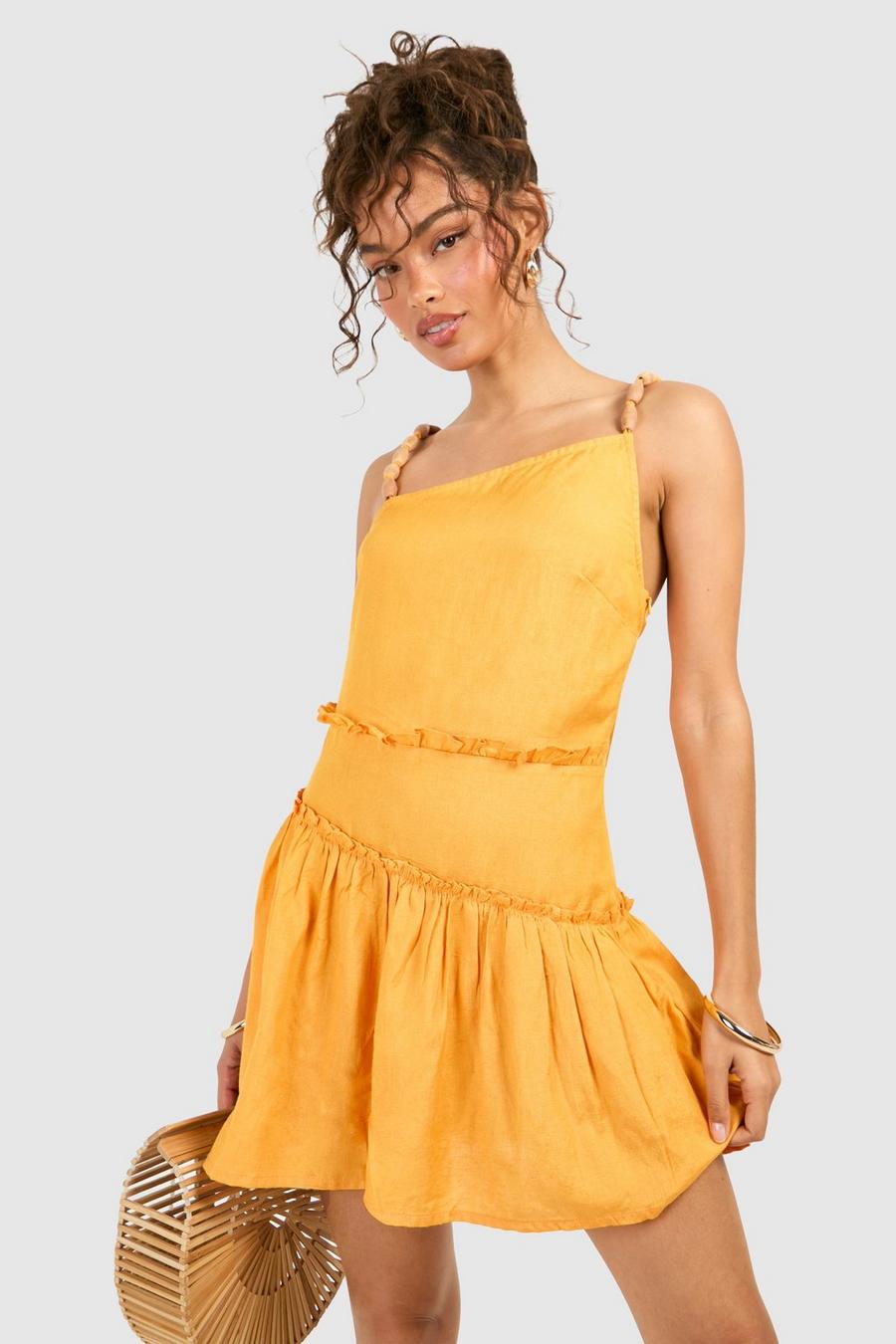 Vestido mini de lino con cuentas, Orange image number 1