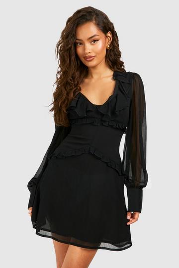 Black Chiffon Ruffle Skater Dress