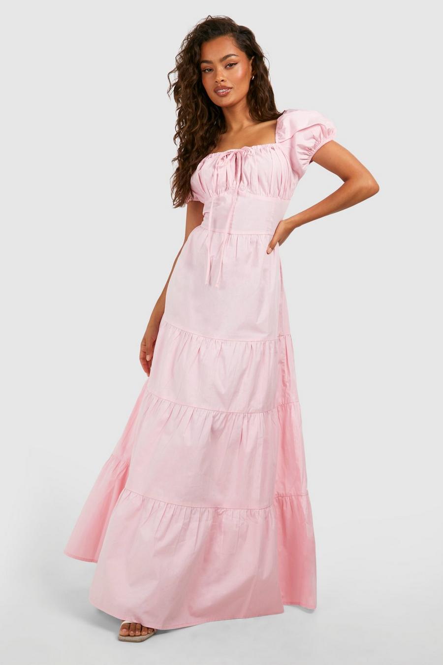 Vestido maxi escalonado de algodón popelina, Pink image number 1