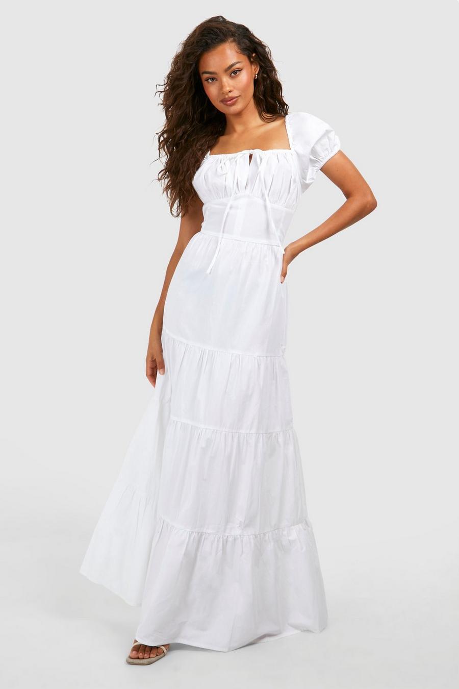 White Långklänning i bomullspoplin med volanger image number 1
