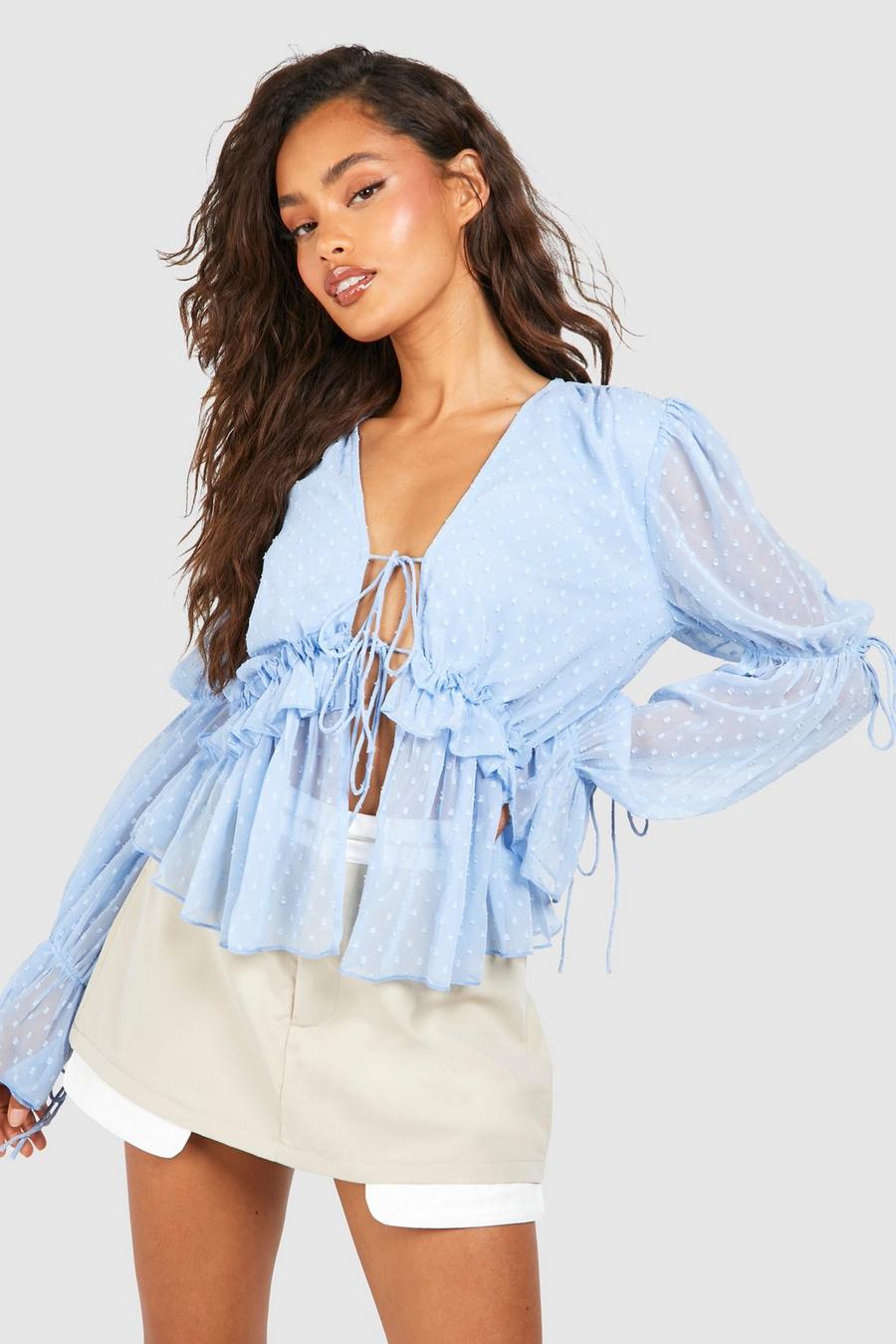 Blue Dobby Tie Front Long Sleeve Top