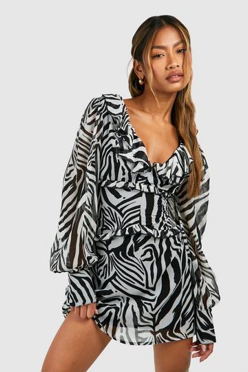 Zebra Chiffon Ruffle Skater Dress multi