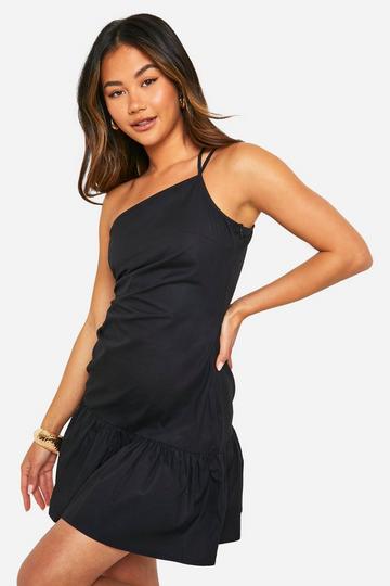 Black Linen Look Ruched Mini Dress