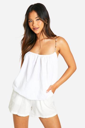 White Viscose Linen Look Beaded Top