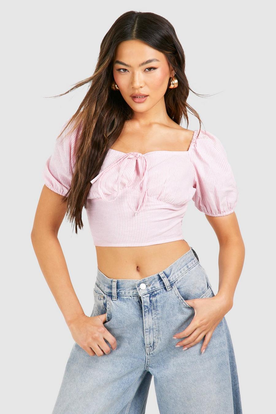 Crop top in lino a righe verticali con maniche a sbuffo, Pink image number 1