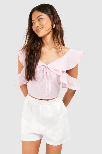 Pink Linen Look Pinstripe Frill Detail Crop Top