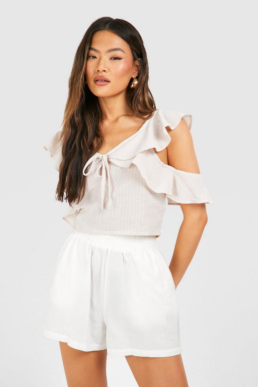 Stone Linen Pinstripe Frill Detail Crop Top image number 1