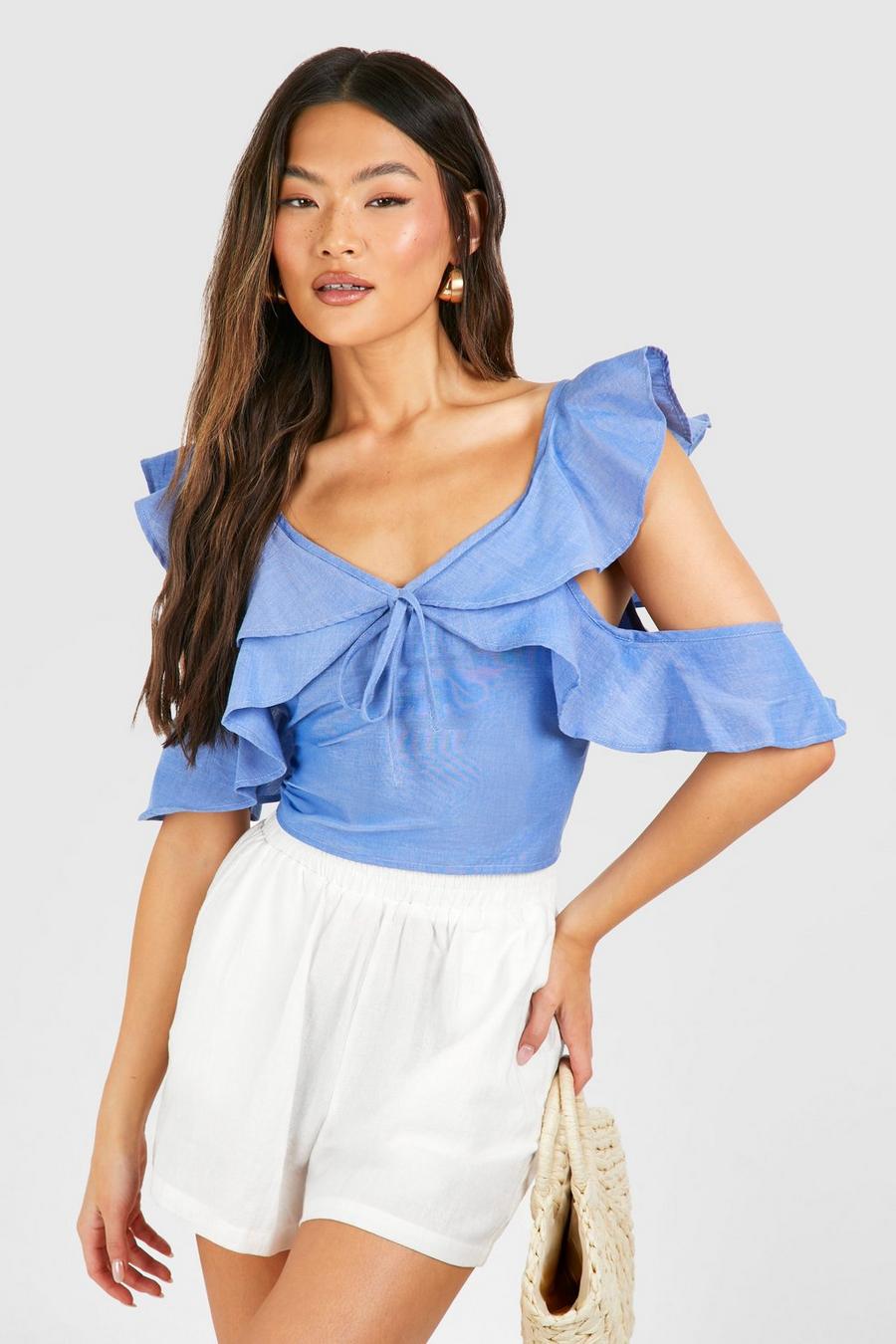 Blue Chambray Crop Top Met Ruches image number 1