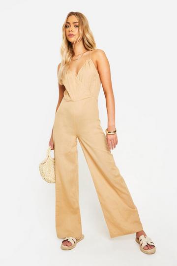 Stone Beige Linen Strappy Ring Detail Jumpsuit