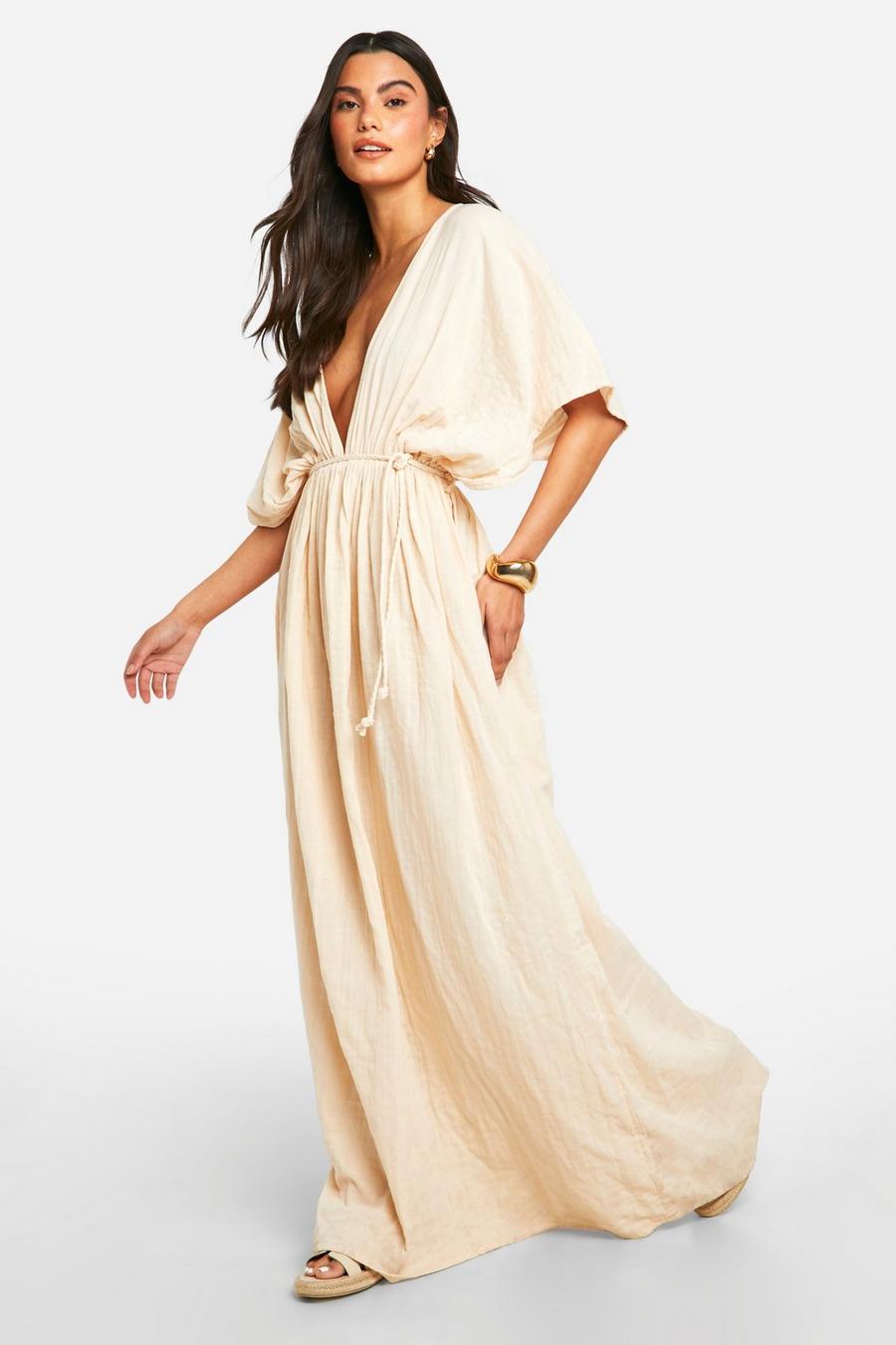 Stone Cheesecloth Plunge Batwing Maxi Dress