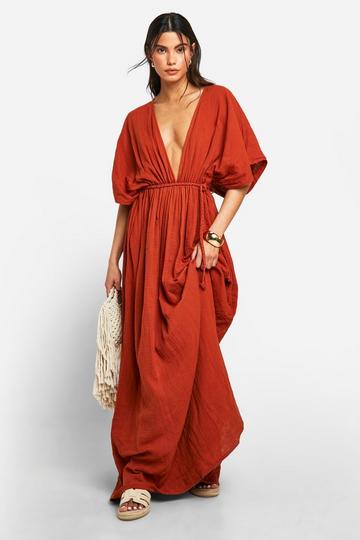 Cheesecloth Plunge Batwing Maxi Dress terracotta