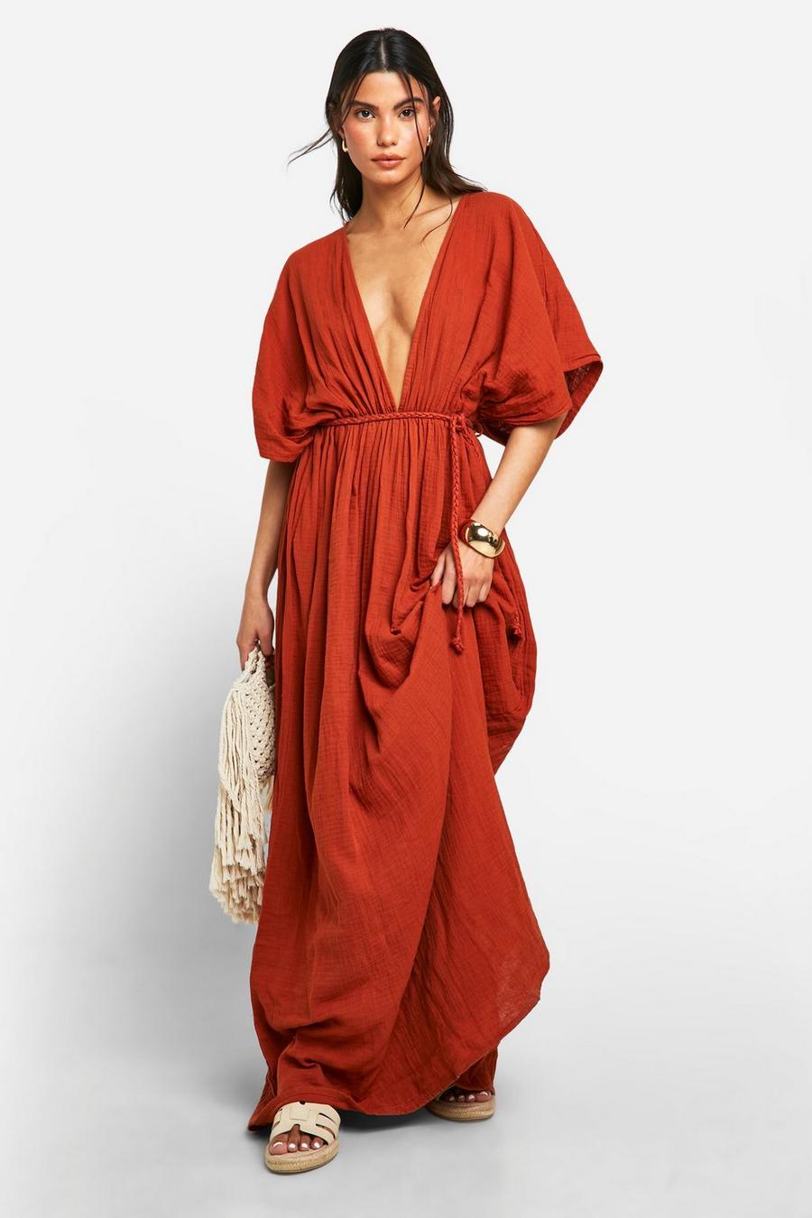 Terracotta Cheesecloth Plunge Batwing Maxi Dress