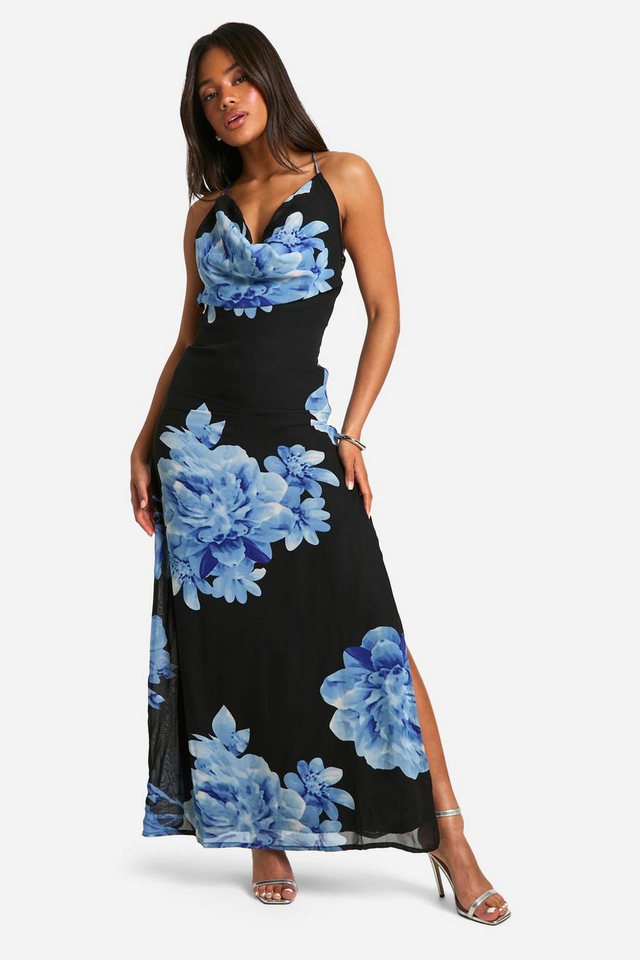 Floral Print Cowl Neck Maxi Dress , Black