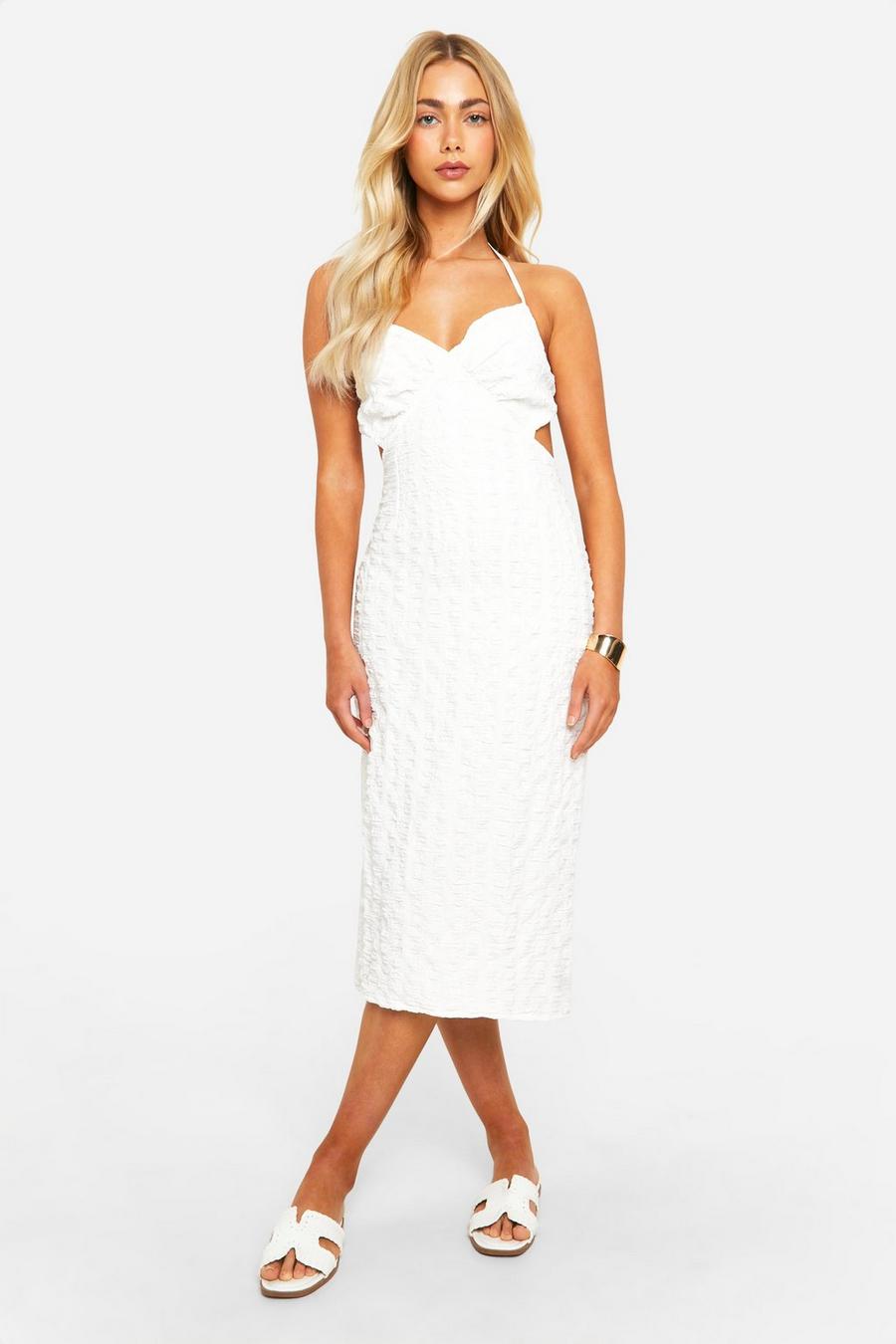 White Textured Cut Out Tie Back Lined Midi Dress image number 1