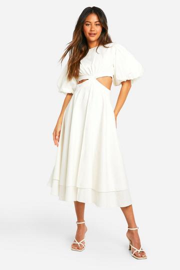 White Textured Puff Sleeve Midi Dress