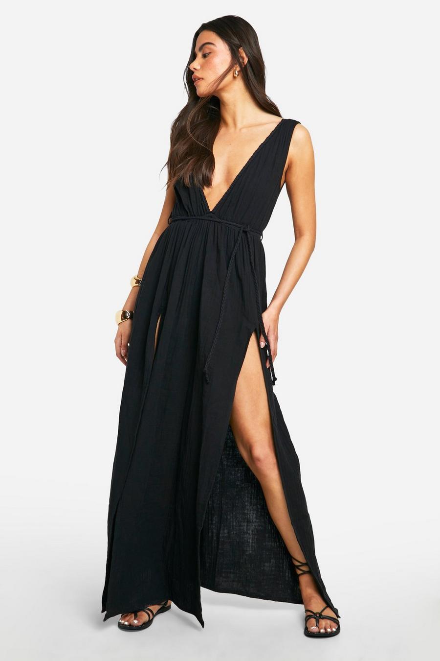 Black Cheesecloth Plunge Belted Maxi Dress image number 1