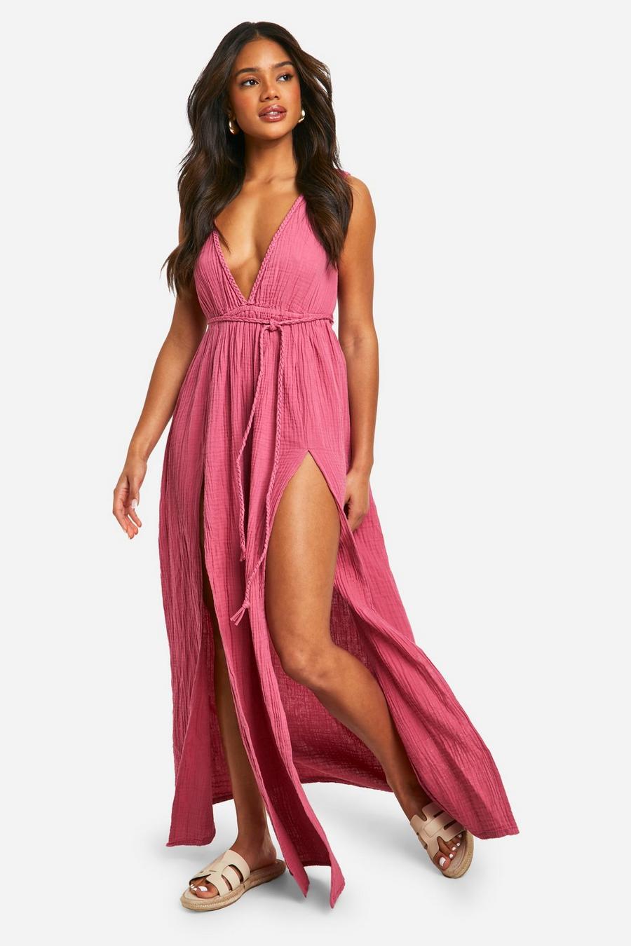 Rose Cheesecloth Plunge Belted Maxi Dress