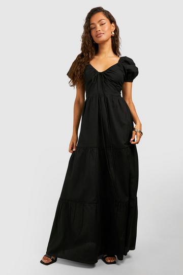 Linen Look Puff Sleeve Maxi Dress black