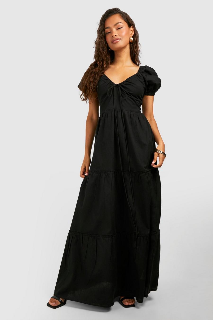 Black Linen Puff Sleeve Maxi Dress image number 1