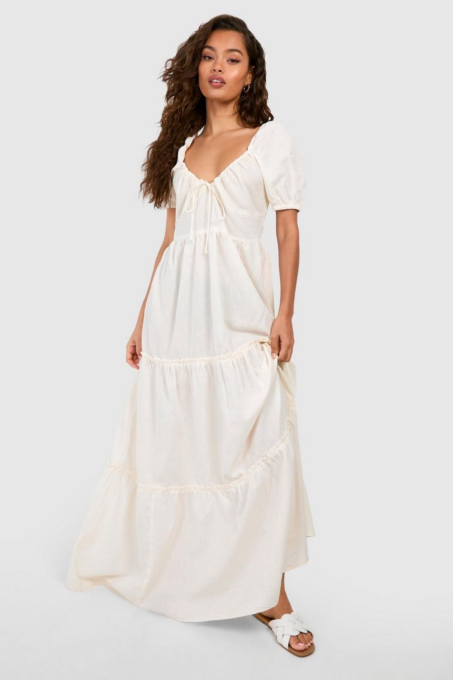 Stone Linen Puff Sleeve Maxi Dress image number 1