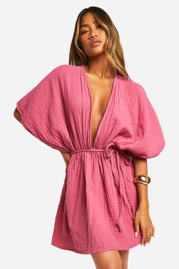 Cheesecloth Belted Batwing Mini Dress rose