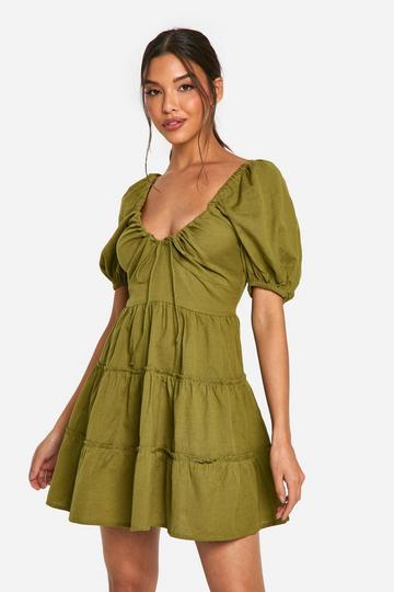 Linen Look Puff Sleeve Mini Dress khaki