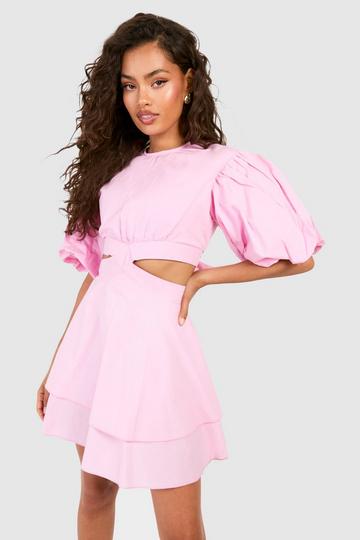 Textured Puff Sleeve Mini Dress pink