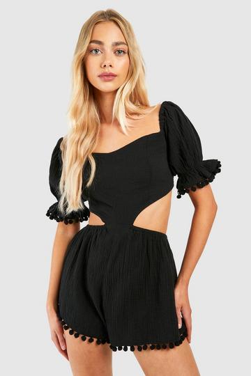 Black Pom Pom Trim Smock Romper