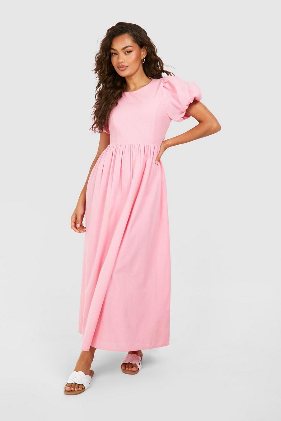 Vestido midi texturizado con mangas abullonadas, Pink image number 1