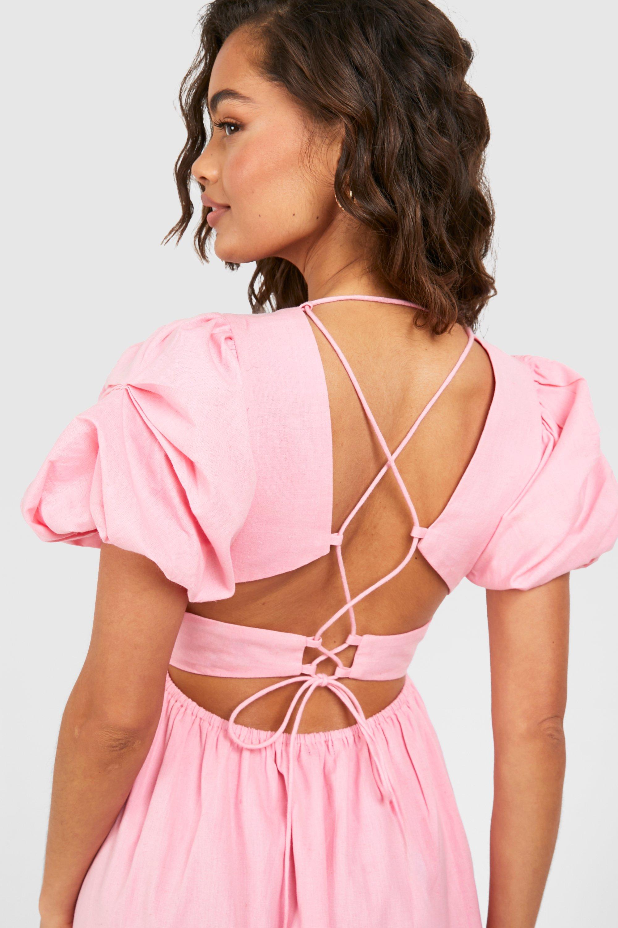 Textured Puff Sleeve Midi Dress boohoo NO